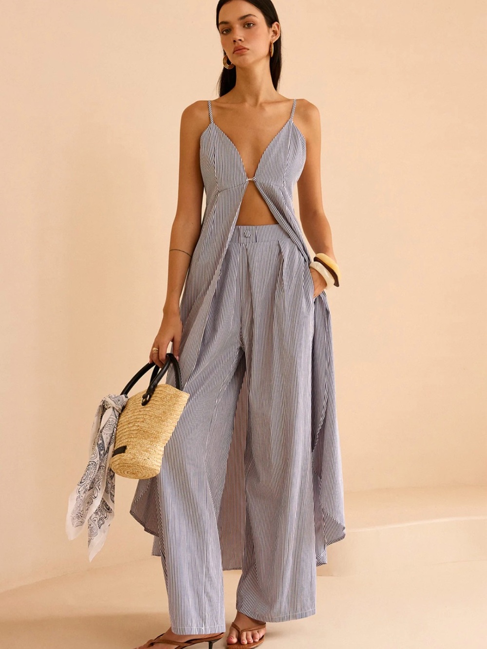 Commense Striped Long Cami Top and Wide-Leg Pants Set size S